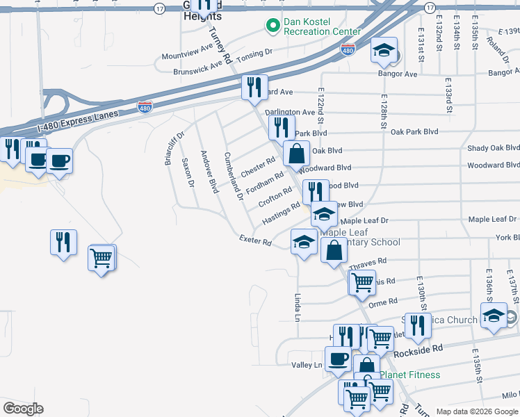 map of restaurants, bars, coffee shops, grocery stores, and more near 5711 Cumberland Drive in Garfield Heights
