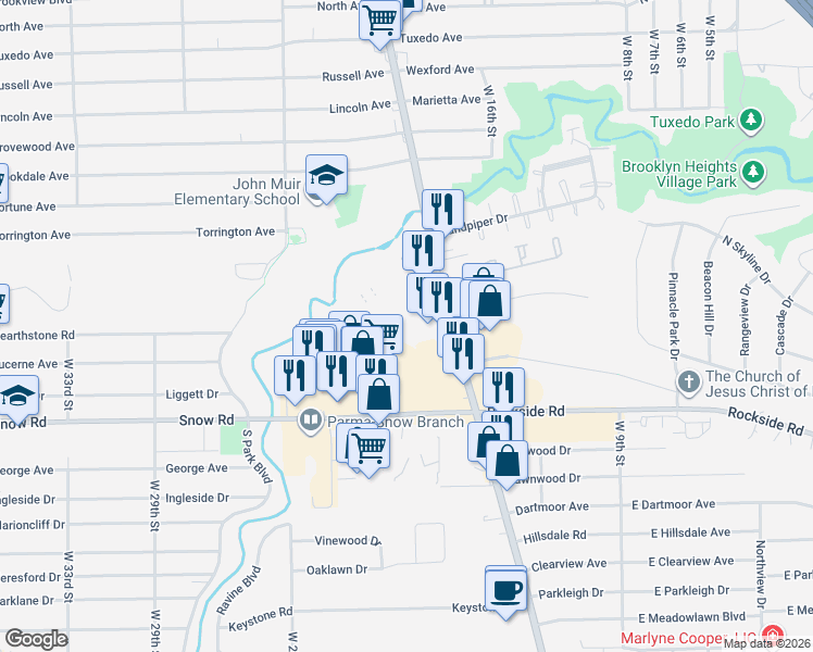 map of restaurants, bars, coffee shops, grocery stores, and more near 5280 Broadview Road in Parma
