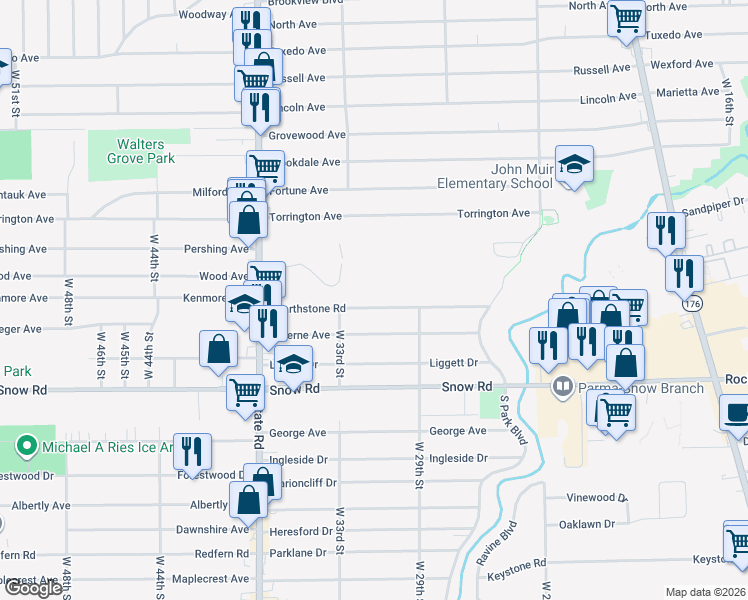map of restaurants, bars, coffee shops, grocery stores, and more near 3015 Hearthstone Road in Parma