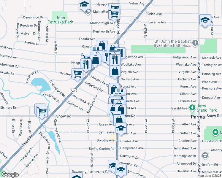 map of restaurants, bars, coffee shops, grocery stores, and more near 5700 Ridge Road in Parma