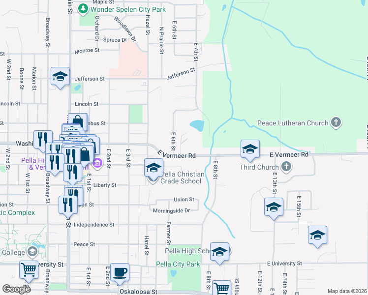 map of restaurants, bars, coffee shops, grocery stores, and more near 100 Vermeer Road in Pella