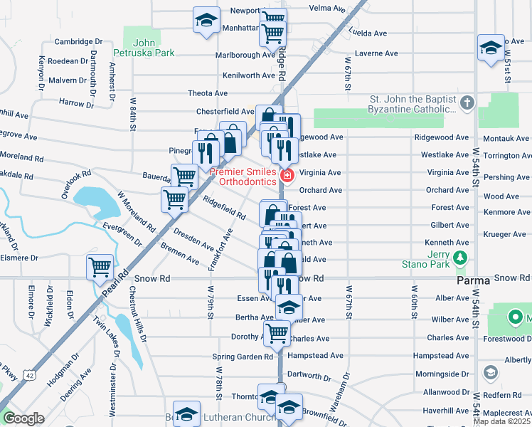 map of restaurants, bars, coffee shops, grocery stores, and more near 5700 Ridge Road in Parma
