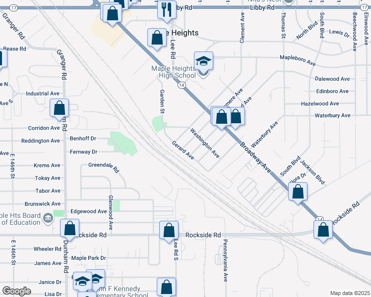 map of restaurants, bars, coffee shops, grocery stores, and more near 16771 Gerard Avenue in Maple Heights