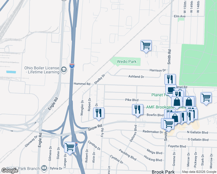 map of restaurants, bars, coffee shops, grocery stores, and more near 16426 Muskingum Boulevard in Brook Park