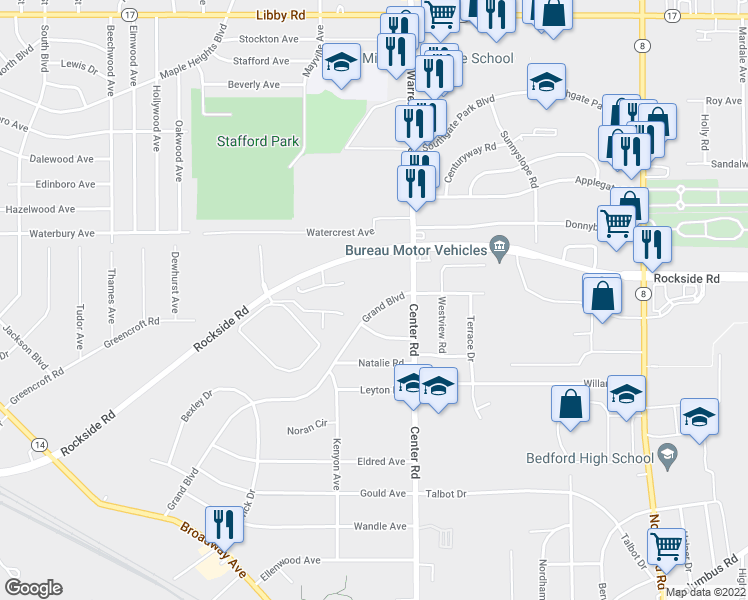 map of restaurants, bars, coffee shops, grocery stores, and more near 339 Grand Boulevard in Bedford