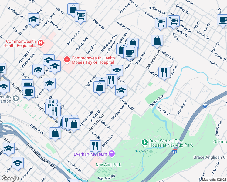 map of restaurants, bars, coffee shops, grocery stores, and more near 1523 31 East Gibson Street in Scranton