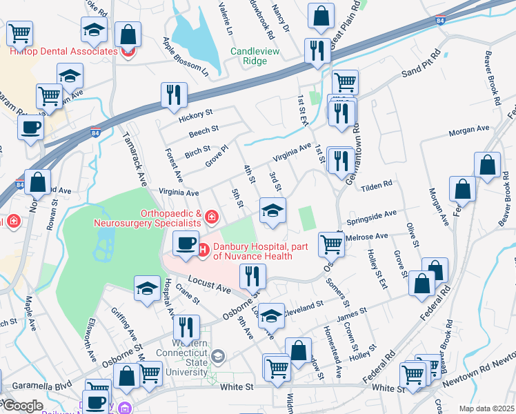 map of restaurants, bars, coffee shops, grocery stores, and more near 61 Hospital Avenue in Danbury