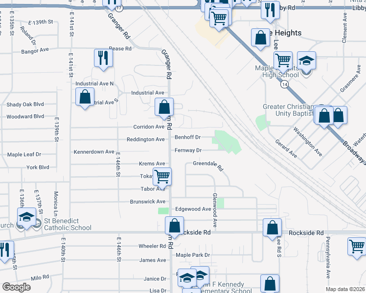 map of restaurants, bars, coffee shops, grocery stores, and more near 15304 Fernway Drive in Maple Heights