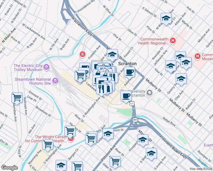 map of restaurants, bars, coffee shops, grocery stores, and more near 125 North Washington Avenue in Scranton