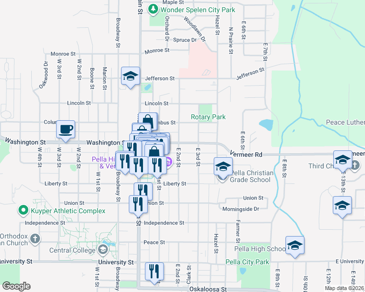 map of restaurants, bars, coffee shops, grocery stores, and more near 808 East 2nd Street in Pella