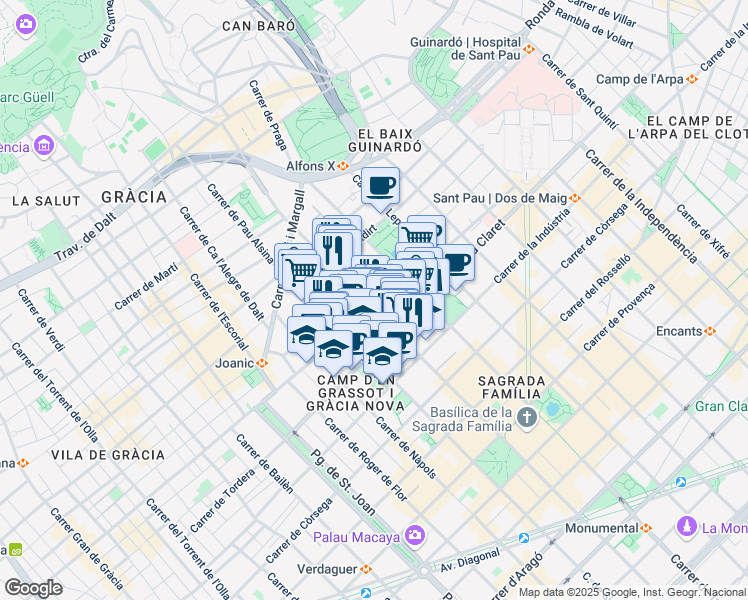 map of restaurants, bars, coffee shops, grocery stores, and more near 420 Carrer de Sardenya in Barcelona