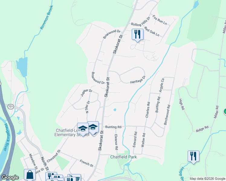 map of restaurants, bars, coffee shops, grocery stores, and more near 3 Barn Hill Lane in Seymour