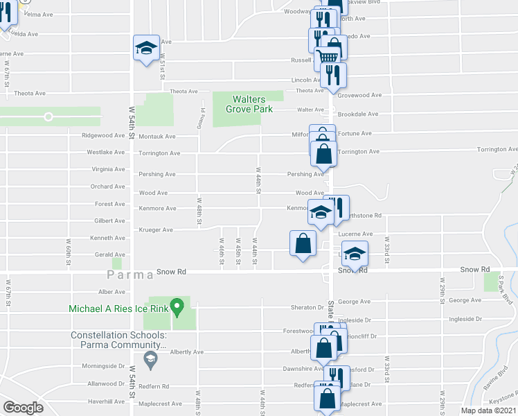 map of restaurants, bars, coffee shops, grocery stores, and more near Kenmore Avenue in Parma