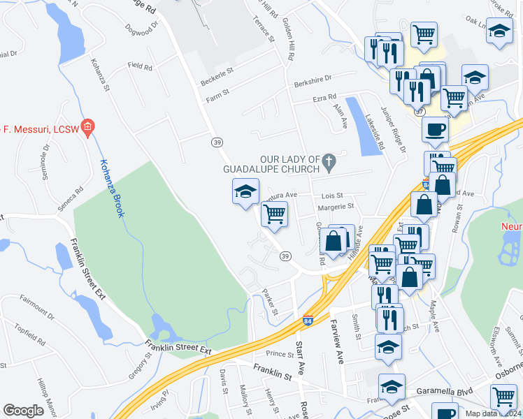 map of restaurants, bars, coffee shops, grocery stores, and more near 1 Ventura Avenue in Danbury