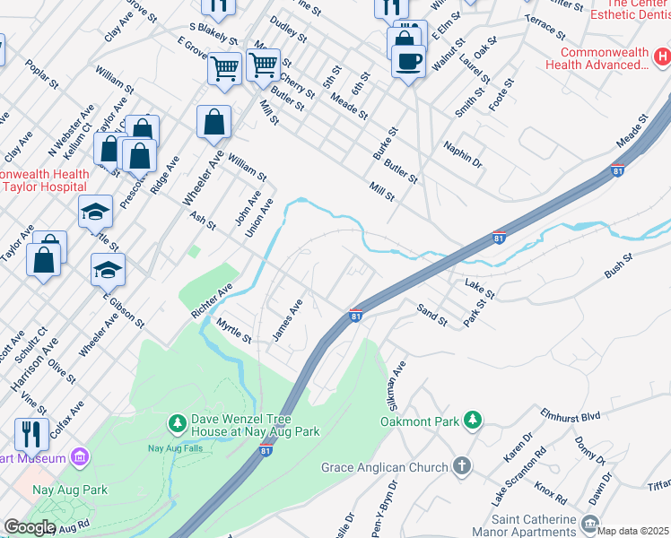 map of restaurants, bars, coffee shops, grocery stores, and more near 1028 Luke Avenue in Scranton