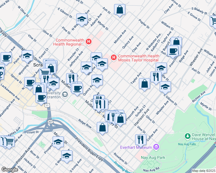 map of restaurants, bars, coffee shops, grocery stores, and more near 1140 Olive Street in Scranton