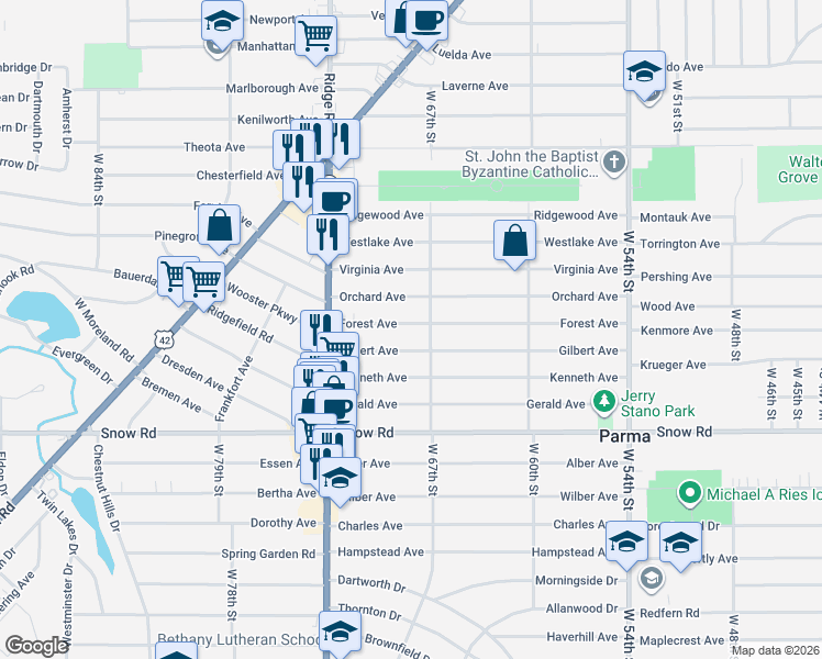 map of restaurants, bars, coffee shops, grocery stores, and more near 6902 Gilbert Avenue in Parma
