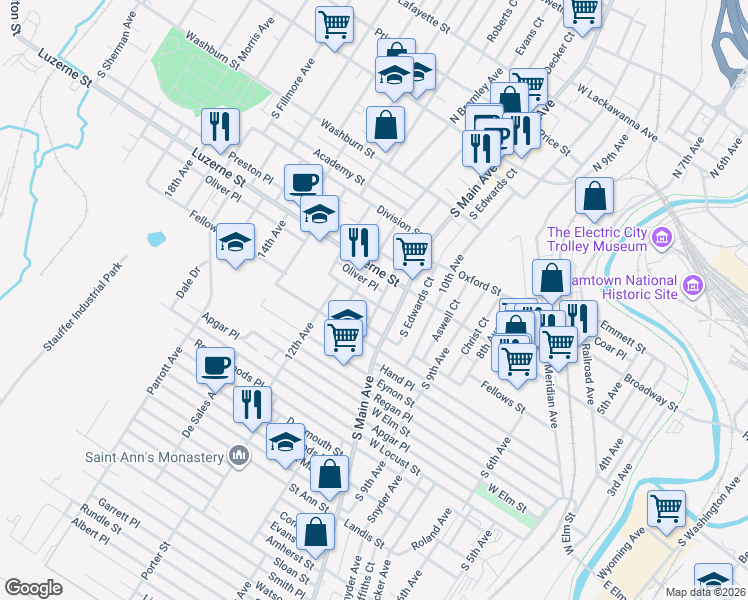 map of restaurants, bars, coffee shops, grocery stores, and more near 1111 Rock Street in Scranton