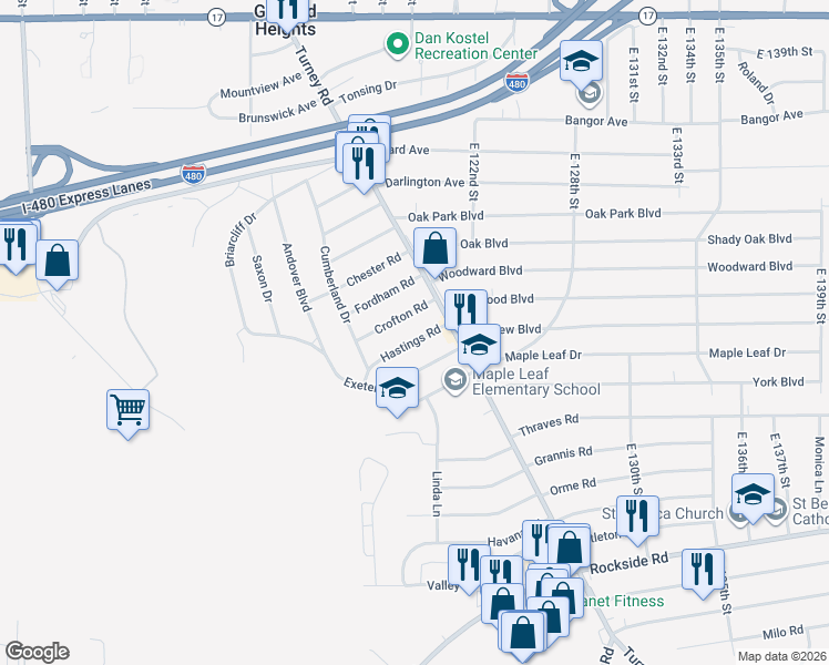 map of restaurants, bars, coffee shops, grocery stores, and more near 11717 Hastings Road in Garfield Heights