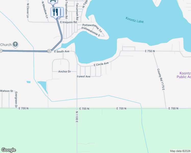 map of restaurants, bars, coffee shops, grocery stores, and more near East Frost Avenue in Koontz Lake