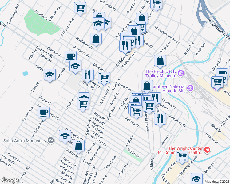 map of restaurants, bars, coffee shops, grocery stores, and more near 918 Luzerne Street in Scranton