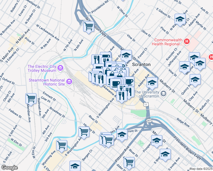 map of restaurants, bars, coffee shops, grocery stores, and more near 401 Lackawanna Avenue in Scranton