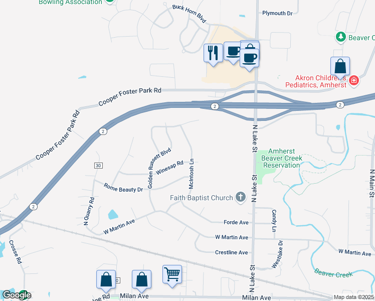 map of restaurants, bars, coffee shops, grocery stores, and more near 500 McIntosh Lane in Amherst