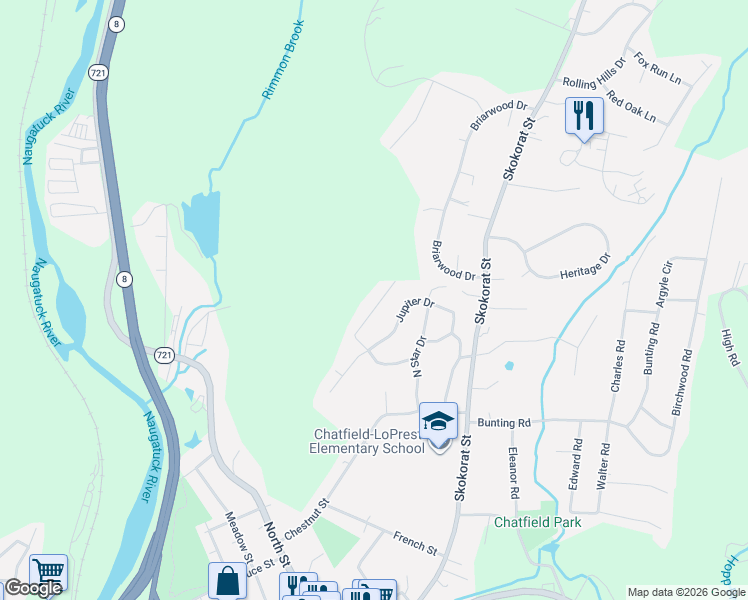 map of restaurants, bars, coffee shops, grocery stores, and more near 26 Evening Star Drive in Seymour