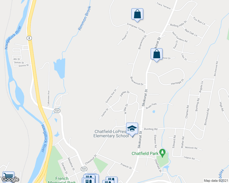map of restaurants, bars, coffee shops, grocery stores, and more near 11 Evening Star Drive in Seymour