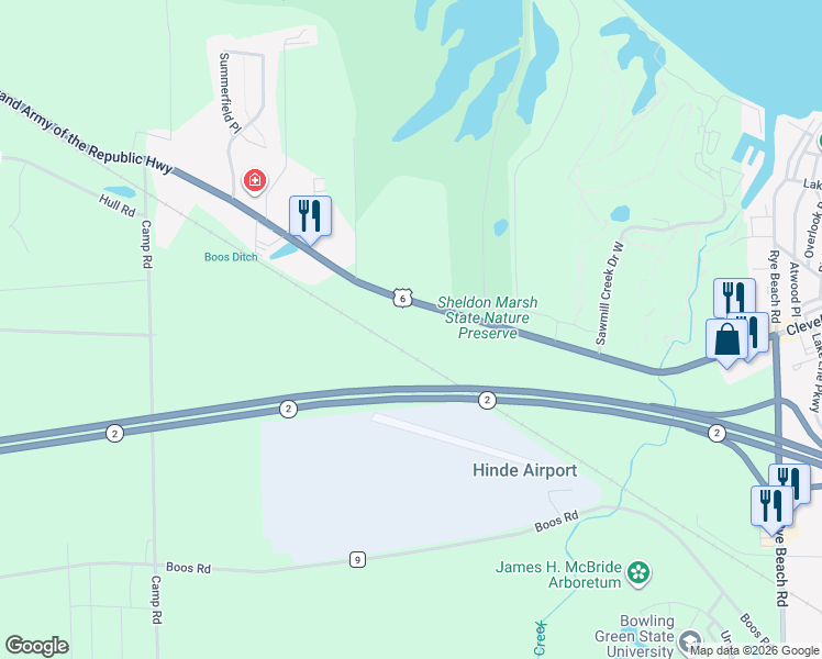 map of restaurants, bars, coffee shops, grocery stores, and more near 2914 Cleveland Road West in Huron