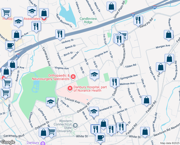 map of restaurants, bars, coffee shops, grocery stores, and more near 4 4th Street in Danbury