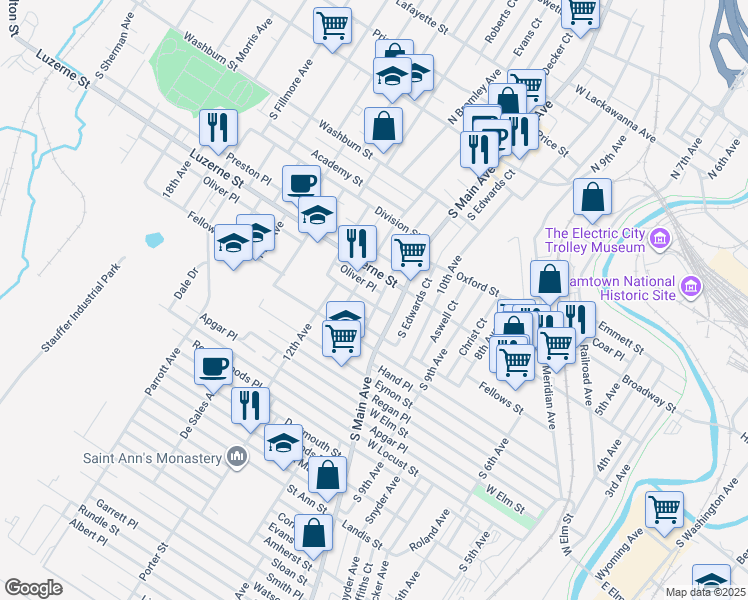 map of restaurants, bars, coffee shops, grocery stores, and more near 1111 Rock Street in Scranton
