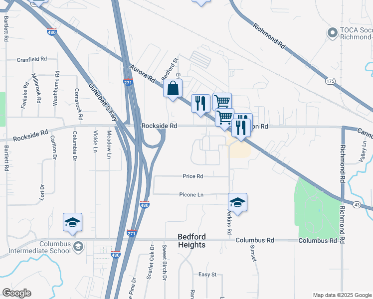map of restaurants, bars, coffee shops, grocery stores, and more near 24950 Rockside Road in Bedford Heights
