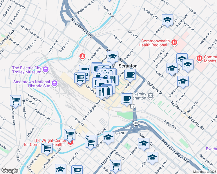 map of restaurants, bars, coffee shops, grocery stores, and more near 125 North Washington Avenue in Scranton