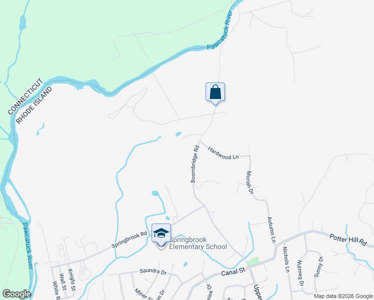 map of restaurants, bars, coffee shops, grocery stores, and more near 52 Boombridge Road in Westerly