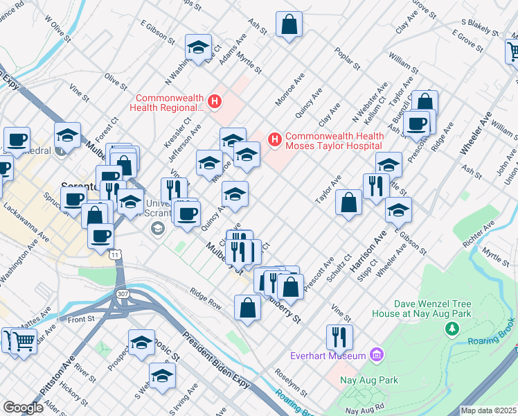 map of restaurants, bars, coffee shops, grocery stores, and more near 1140 Olive Street in Scranton