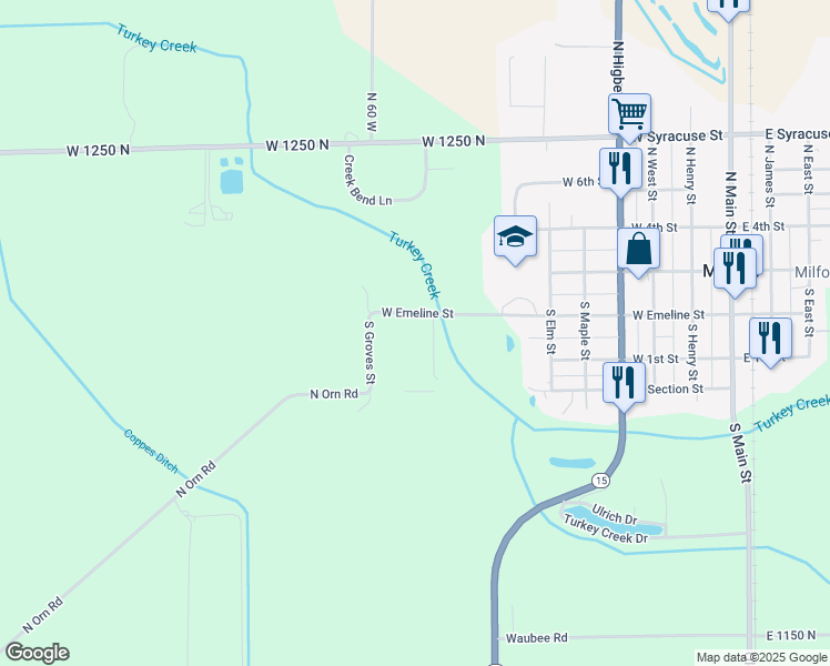 map of restaurants, bars, coffee shops, grocery stores, and more near 910 West Emeline Street in Milford