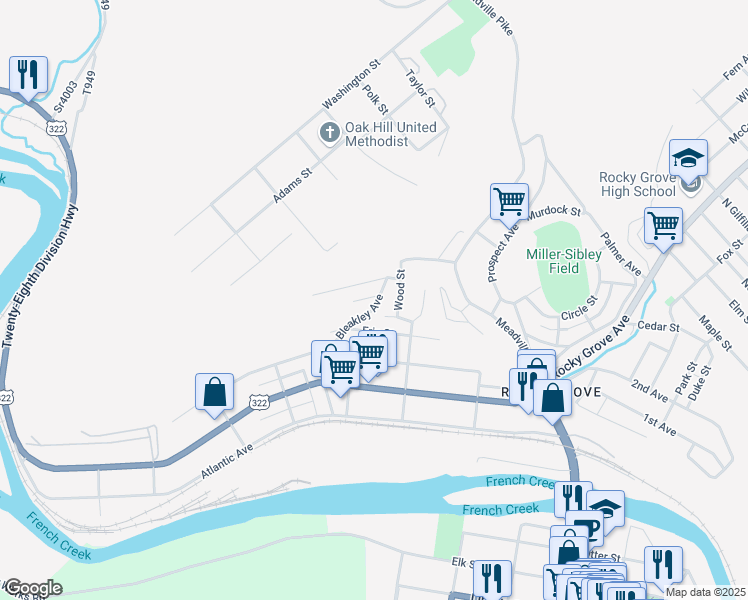 map of restaurants, bars, coffee shops, grocery stores, and more near 1 Seneca Street in Franklin