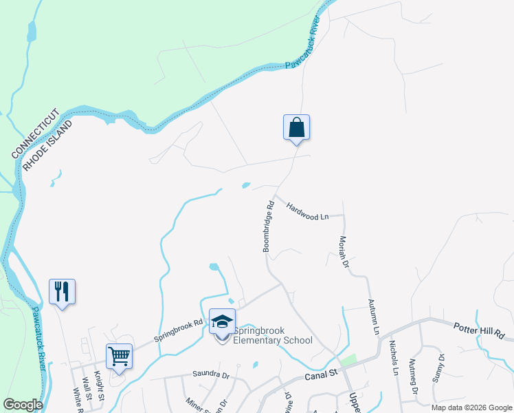 map of restaurants, bars, coffee shops, grocery stores, and more near 52 Boombridge Road in Westerly
