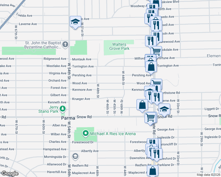 map of restaurants, bars, coffee shops, grocery stores, and more near 4529 Kenmore Avenue in Parma