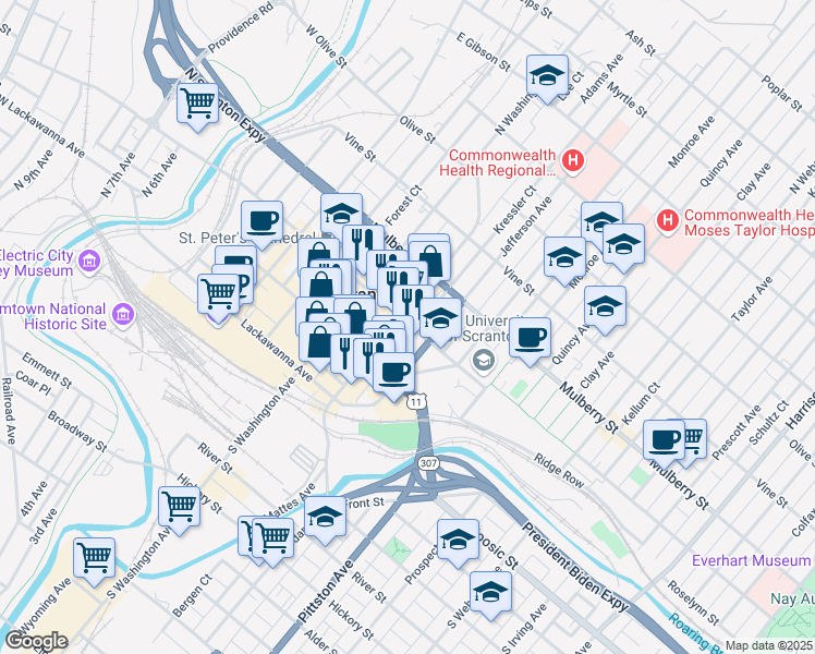 map of restaurants, bars, coffee shops, grocery stores, and more near 800 Linden Street in Scranton