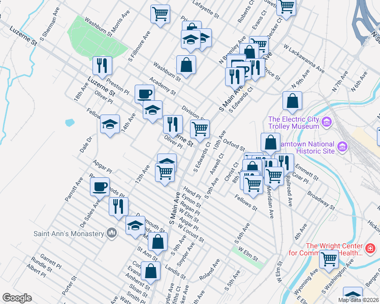 map of restaurants, bars, coffee shops, grocery stores, and more near 400 South Main Avenue in Scranton