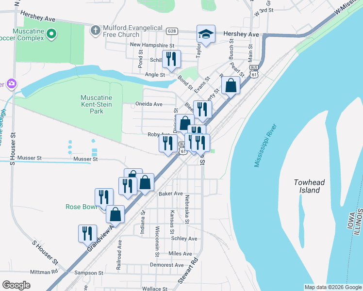 map of restaurants, bars, coffee shops, grocery stores, and more near 942-956 Grandview Avenue in Muscatine