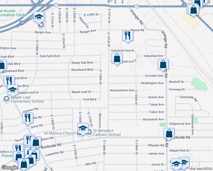 map of restaurants, bars, coffee shops, grocery stores, and more near 5723 East 139th Street in Garfield Heights