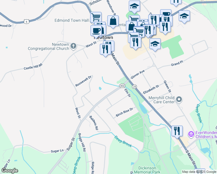 map of restaurants, bars, coffee shops, grocery stores, and more near 14 Sugar Street in Newtown