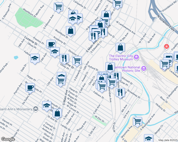 map of restaurants, bars, coffee shops, grocery stores, and more near 918 Luzerne Street in Scranton