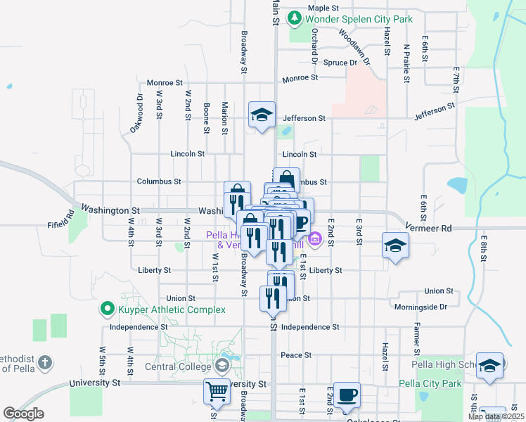 map of restaurants, bars, coffee shops, grocery stores, and more near 739 Washington Street in Pella