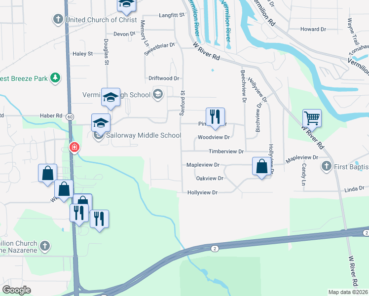 map of restaurants, bars, coffee shops, grocery stores, and more near 1418 Sanford Street in Vermilion