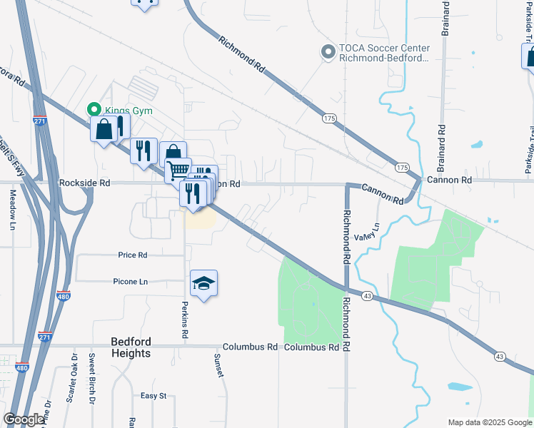 map of restaurants, bars, coffee shops, grocery stores, and more near 26181 Aurora Road in Bedford Heights