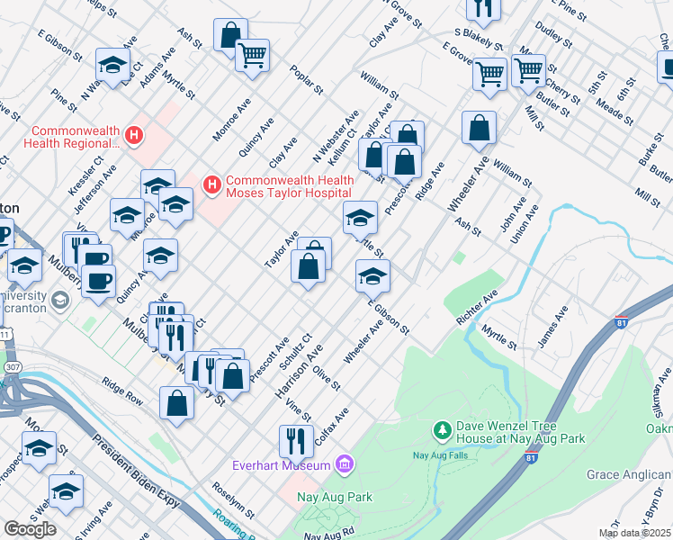 map of restaurants, bars, coffee shops, grocery stores, and more near 727 Prescott Avenue in Scranton